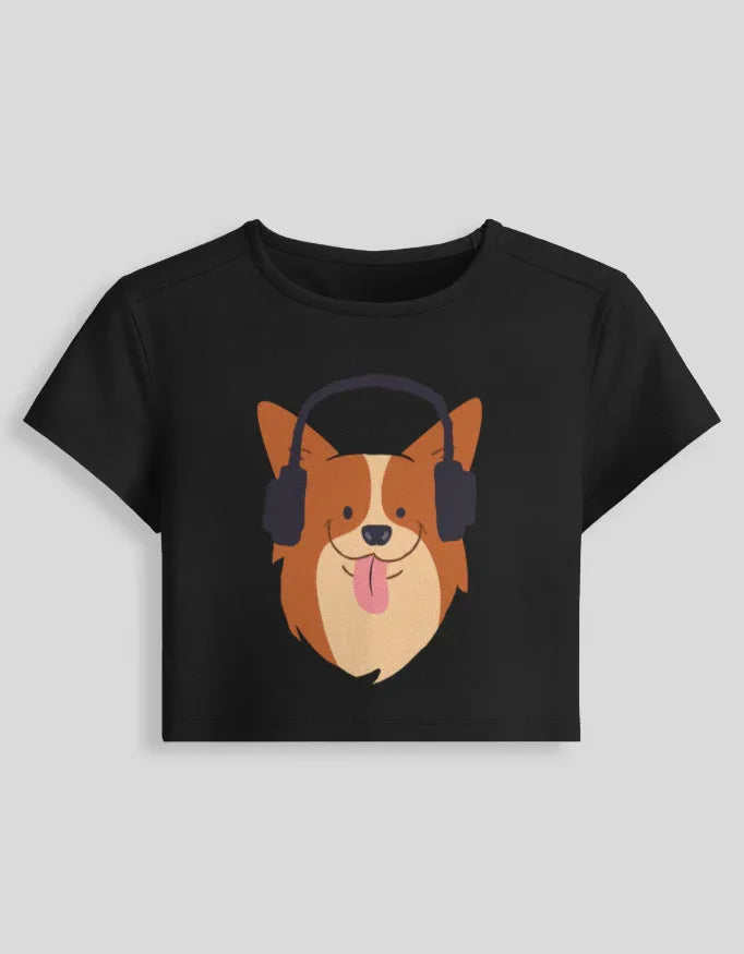 Puppy with Headphone Graphic body-hugging fit Baby Tee for Women - Not So Suttle