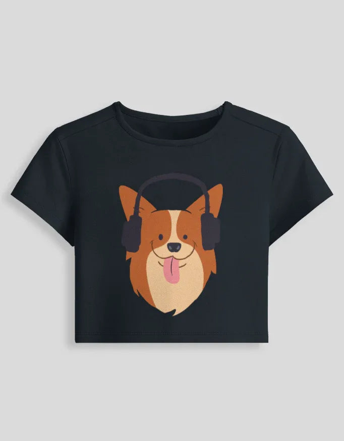 Puppy with Headphone Graphic body-hugging fit Baby Tee for Women - Not So Suttle