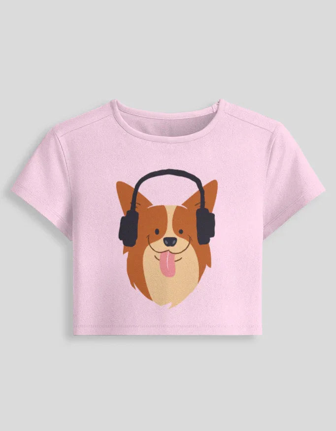 Puppy with Headphone Graphic body-hugging fit Baby Tee for Women - Not So Suttle