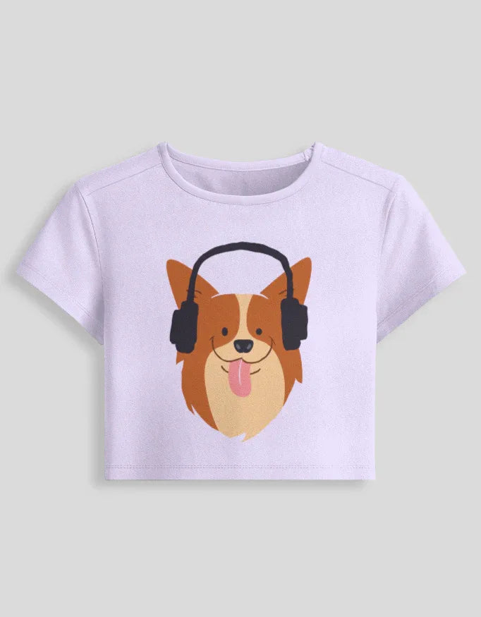 Puppy with Headphone Graphic body-hugging fit Baby Tee for Women - Not So Suttle